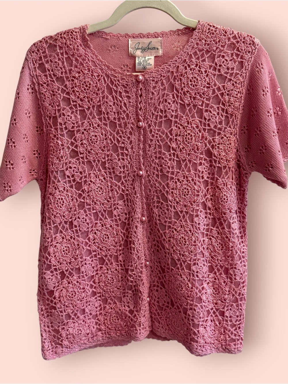 Vintage Pink Crochet Knit Cardigan Cottagecore Coquette